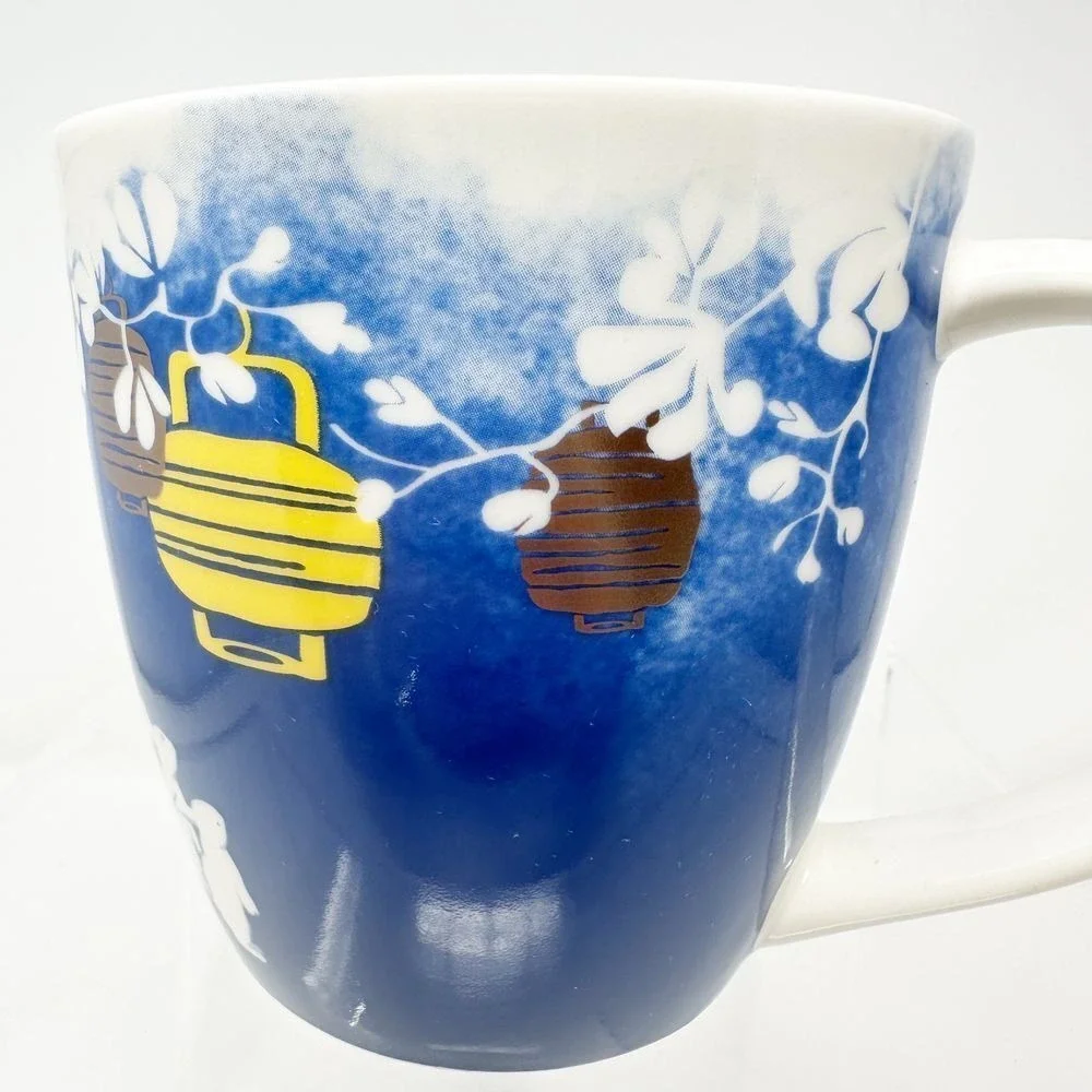 VERY RARE Starbucks Japanese Mug with Lanterns and Floral Motif Blue Yellow Gold